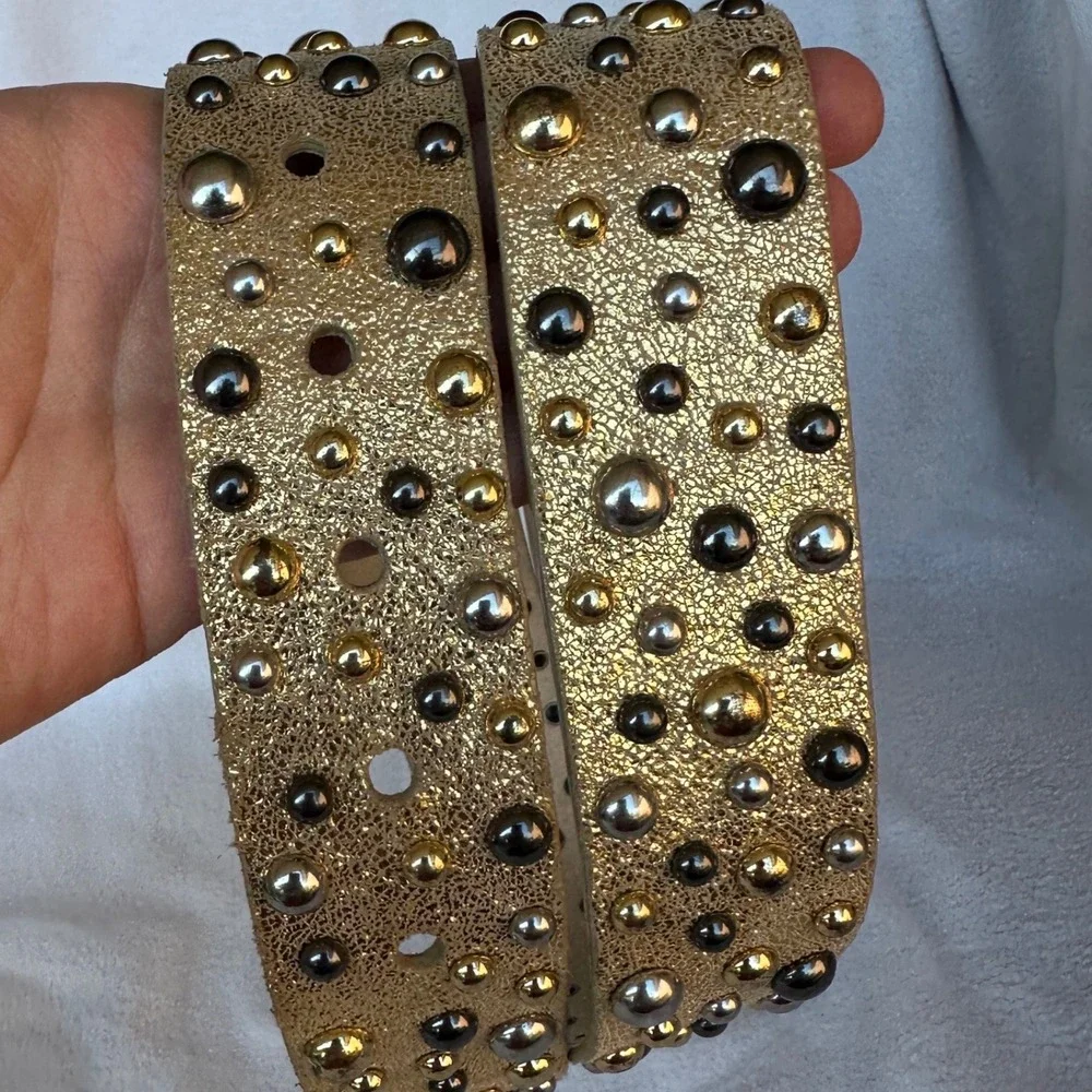 Per Se Gold Metallic Genuine Leather Studded Belt Small Glam Rock Edgy Festival